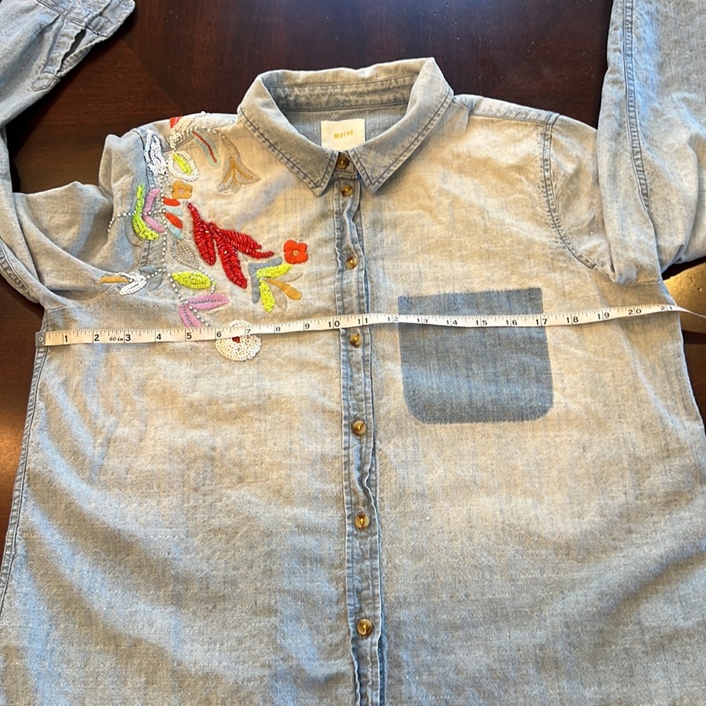 Maeve Light Blue Chambray Button-Down Shirt with Multicolor Embroidery - Picture 12 of 13